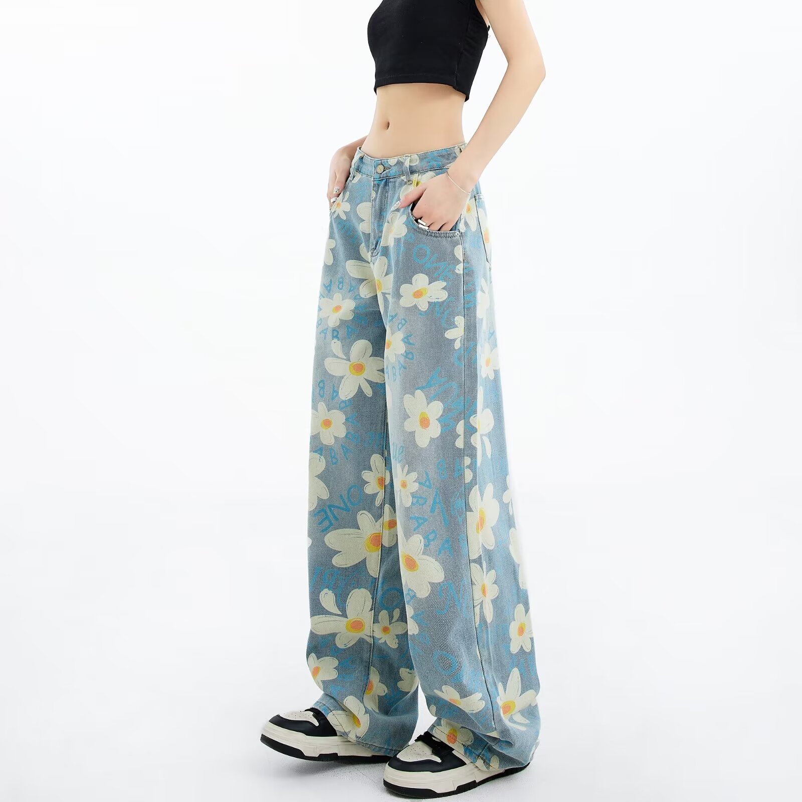 New Summer Printed Floral Wide-leg Washed Jeans For Women