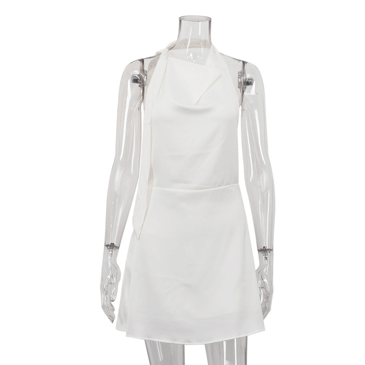 Satin Draping Halter neck A line Dress With Tie Details Beige - Shop at LoveMi