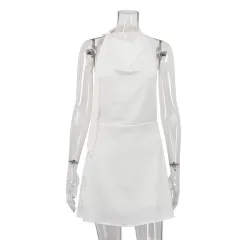 Satin Draping Halter-neck A-line Dress With Tie Details - Beige - View 1