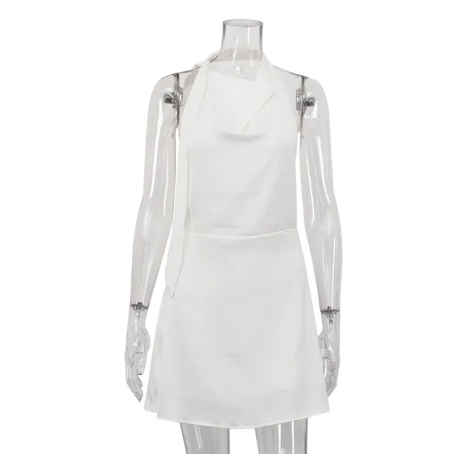 Satin Draping Halter neck A line Dress With Tie Details Beige - Shop at LoveMi