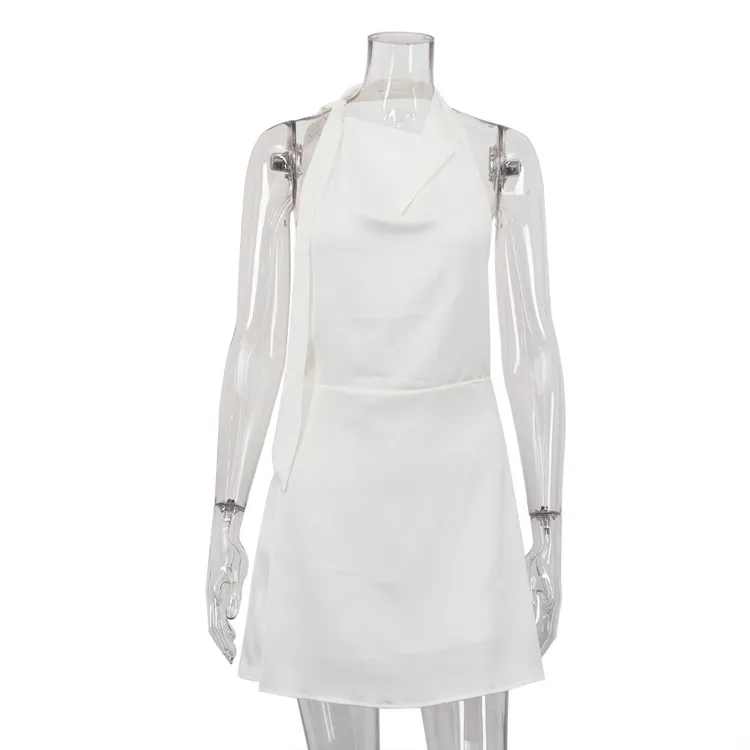 Satin Draping Halter-neck A-line Dress With Tie Details - Beige