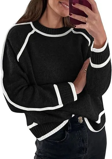 Women's Sweater Round Neck Multicolor Pullover Knitting Black - Shop at LoveMi