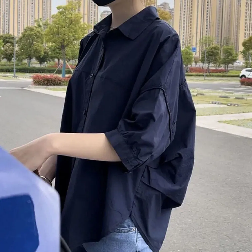 Fashion Personality Half Sleeve Women's Casual Shirt Top - Navy Blue