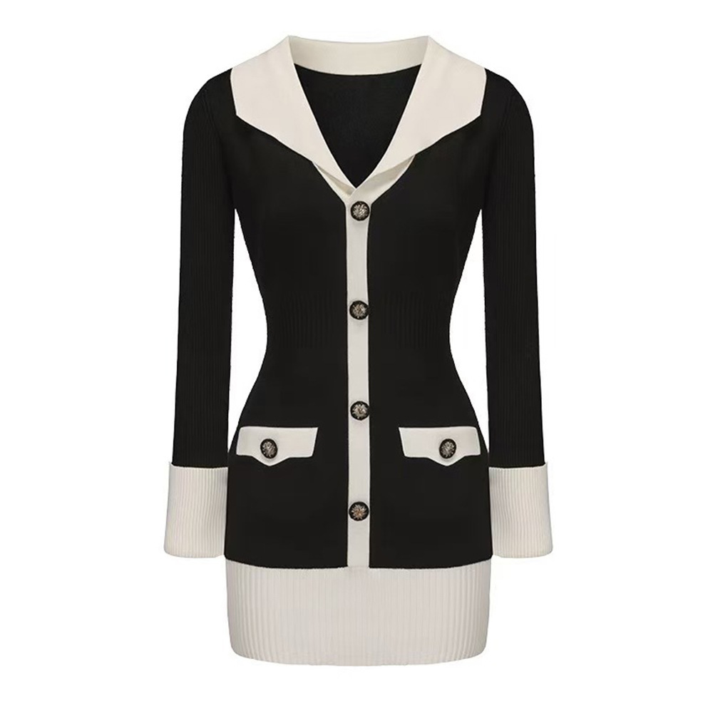 In Stock Lapel Color Matching Knitted Dress
