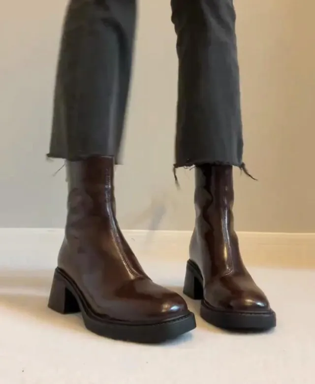 Versatile Simple Round Head Chunky Heel Ankle Boots Brown - Shop at LoveMi