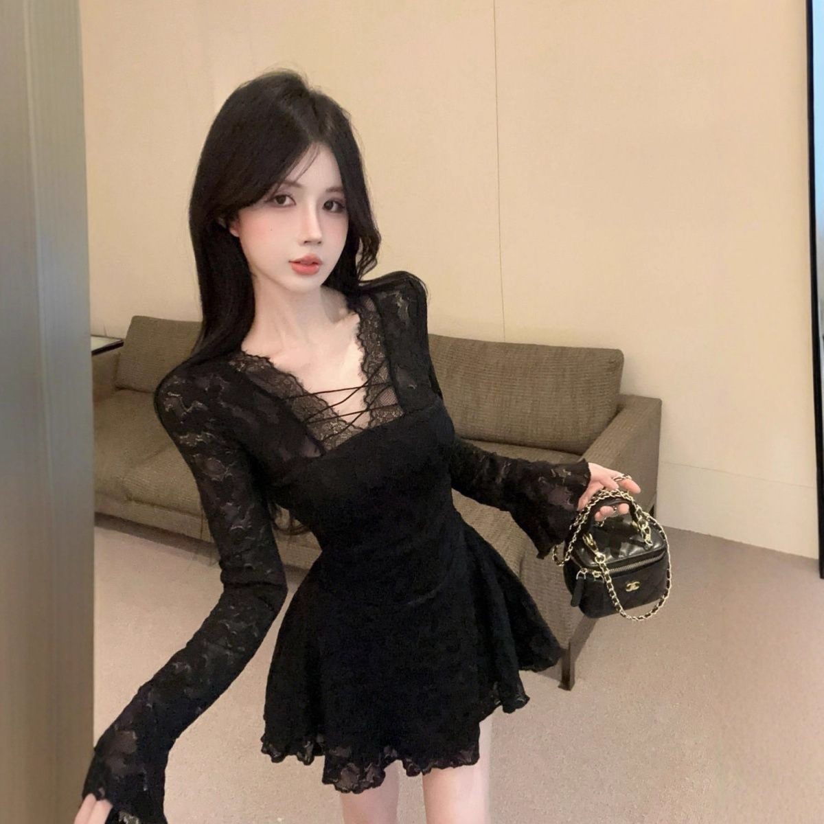 Sensual And Sassy Black Lace Slimming Short Dress With Long Sleeves