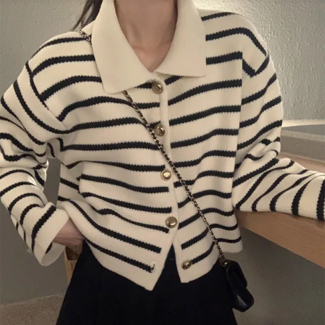 South Korea Chic Winter Retro Anti aging Lapel Contrast Color Striped Jacquard Metal Button Long Sleeve Knitted Sweater Coat - Shop at LoveMi