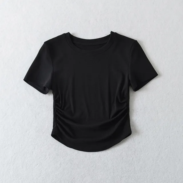 Spring Slim fitting Top Drawstring Round Neck T shirt Black - Shop at LoveMi