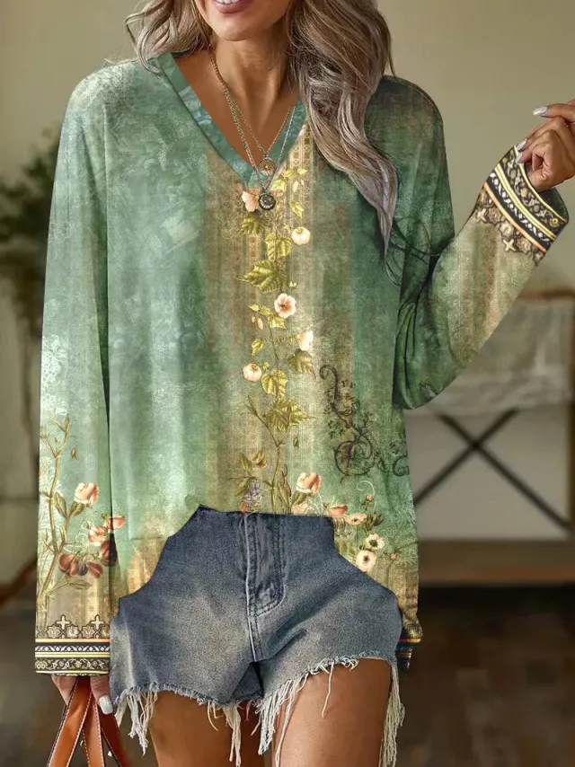 Women's Long sleeved Printed Loose V neck T shirt Sweater Green - Shop at LoveMi