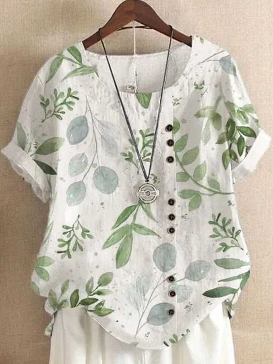 Retro Cotton And Linen Printed Loose Casual Shirt Short sleeved T shirt For Women Flower 4 3Xl - Shop at LoveMi