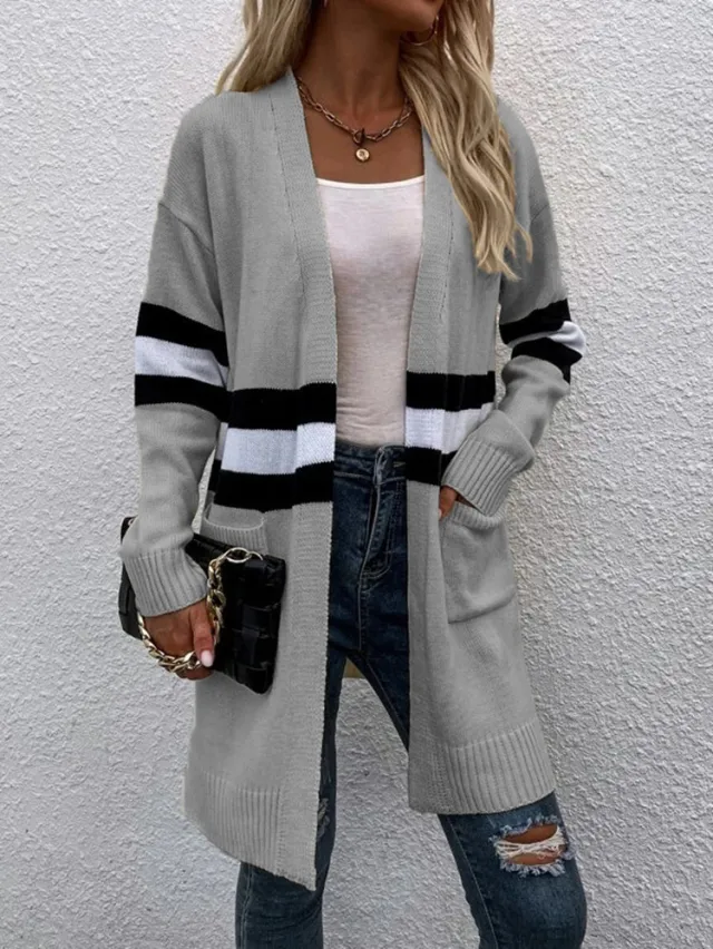 Striped Contrast Color Loose Casual Sweater Coat Gray - Shop at LoveMi