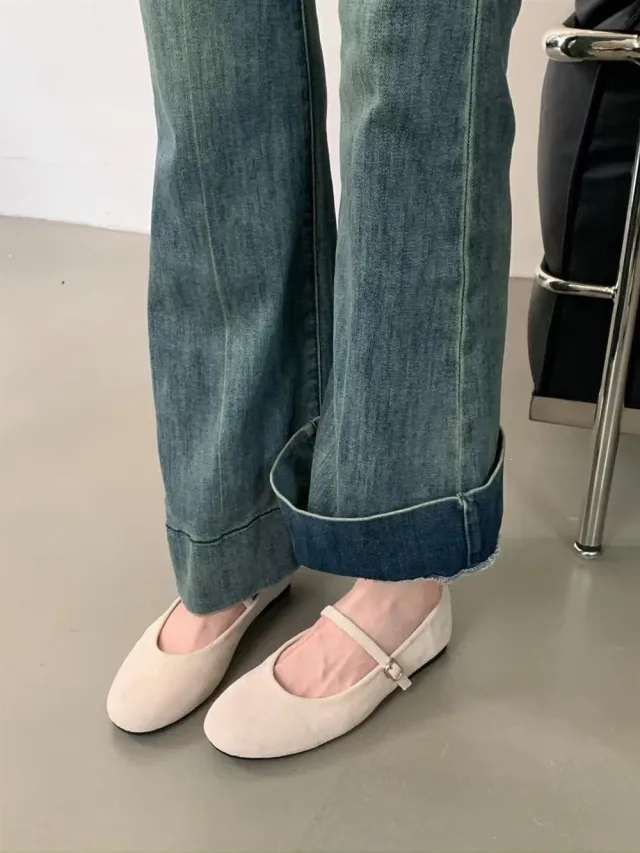 Women's Shallow Mouth Pumps Retro Round Head Soft Flat Bottom Suede Apricot - Shop at LoveMi