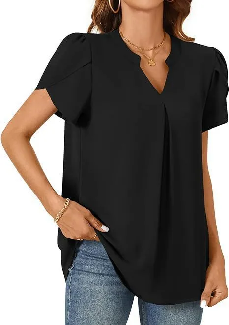 Women's Simple Fashion Loose V neck Petal Sleeve Short Sleeve Shirt Black - Shop at LoveMi