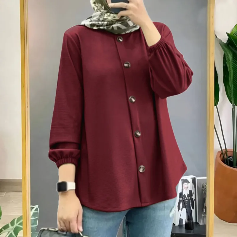 Muslim Ice Silk Wrinkle Stand-up Collar Literary Vintage Cardigan Loose Shirt Women - Maroon