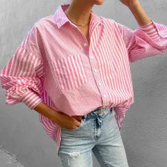 Women's Clothing Fashion Temperament Lapel Loose Long Sleeve Striped Shirt - Pink - View 1