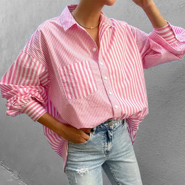 Women's Clothing Fashion Temperament Lapel Loose Long Sleeve Striped Shirt Pink - Shop at LoveMi