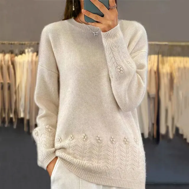 Women's Round Neck Solid Color Sweater Top Vintage Crocheted Pullover Beige - Shop at LoveMi