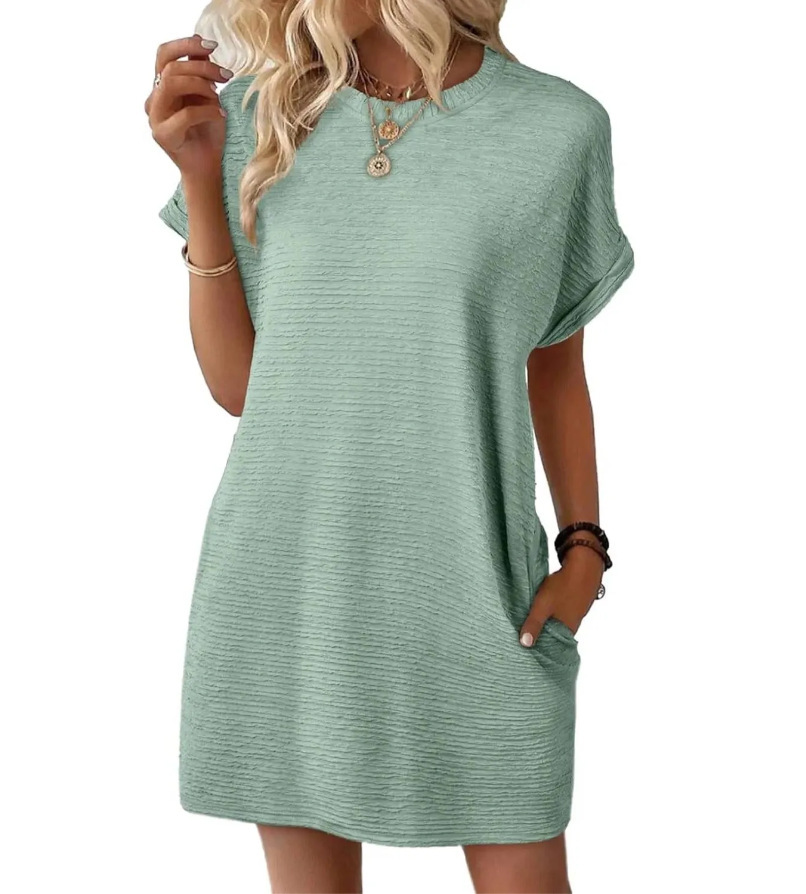 Summer New Loose Round Neck Pocket Solid Color Short Sleeve Dress Women Light Green - Shop at LoveMi