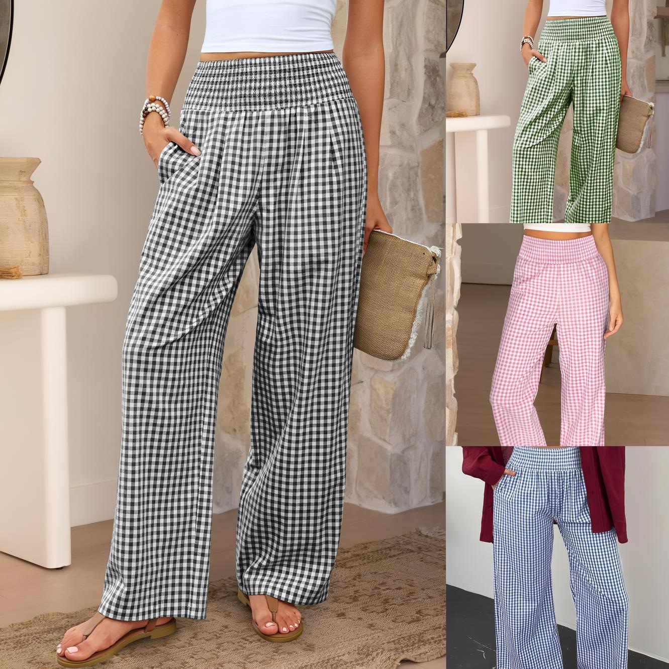 Womens Plaid Casual Loose Fit Elastic Waist Wide Leg Pants