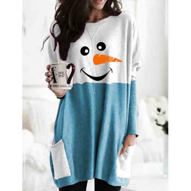 European And American Autumn And Winter Christmas Snowman Printed Long sleeved Bottoming Shirt Blue - Shop at LoveMi