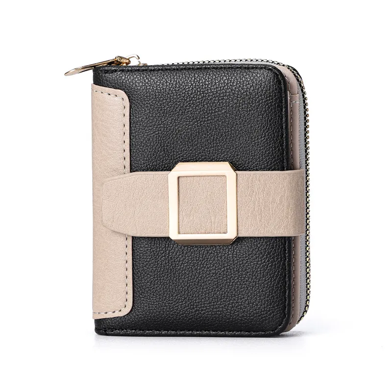 Women's Short Zipper Vertical Buckle Small Wallet - Black