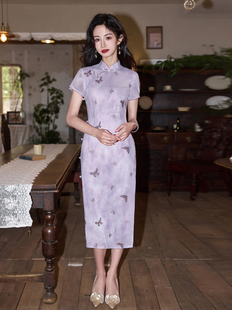Chinese style Women's Daily Wear Slim Dress Purple Butterfly - Shop at LoveMi