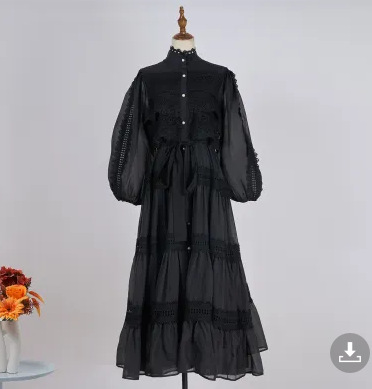 Vacation Style Half Sleeve Refined Handmade Lace Stitching Lantern Swing Dress Black - Shop at LoveMi