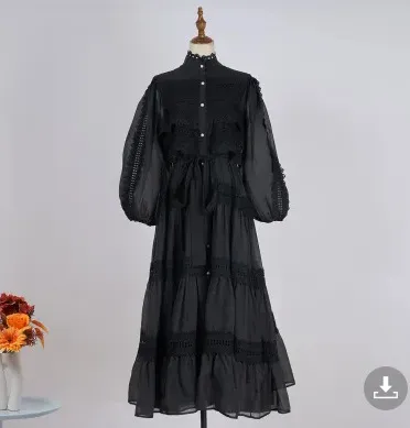 Vacation Style Half Sleeve Refined Handmade Lace Stitching Lantern Swing Dress - Black