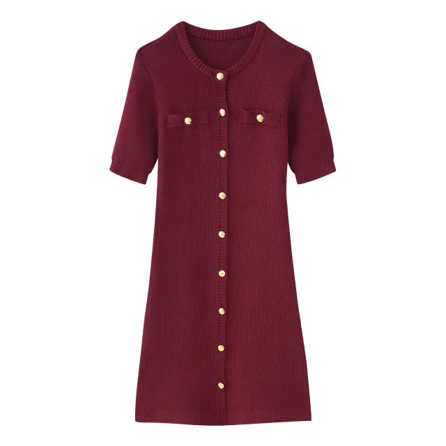 Women's Fashion Front Button Rib Knit Dress Wine Red - Shop at LoveMi