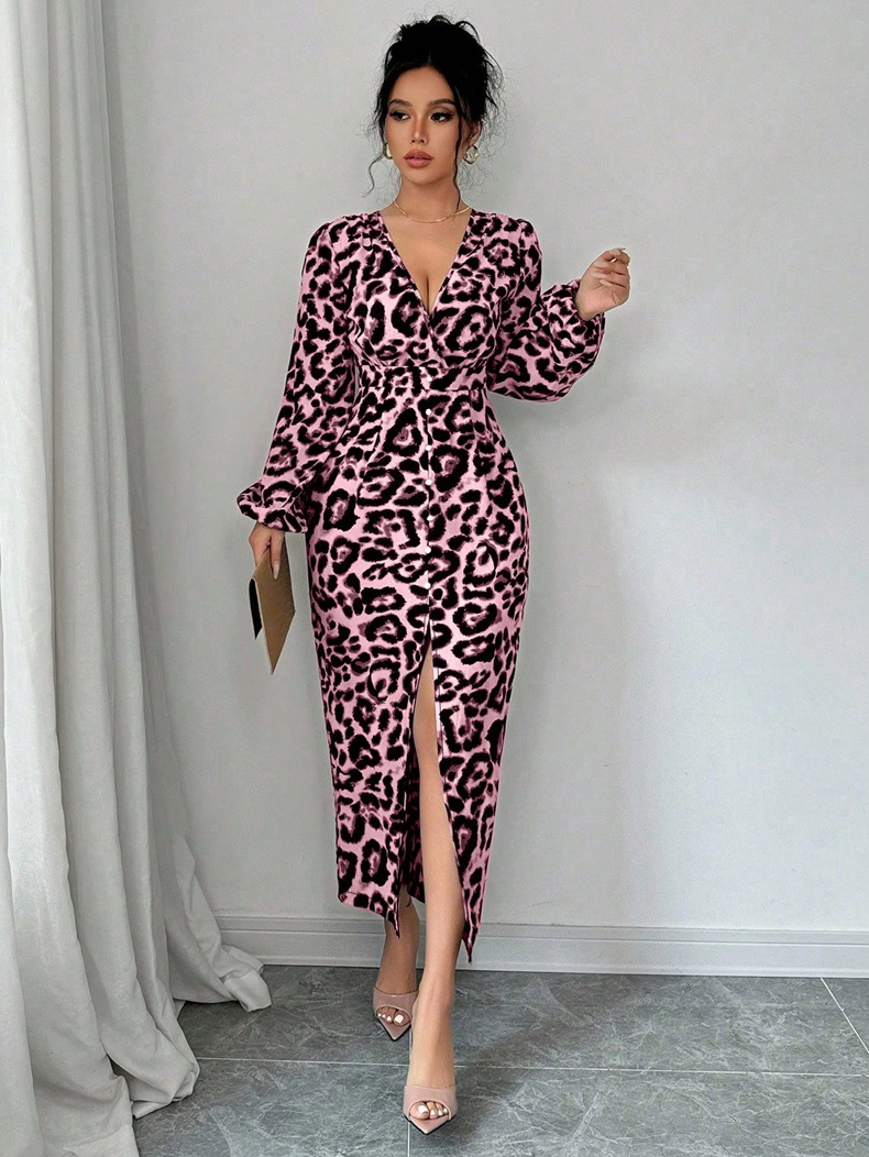 Women's Casual Loose Simple Leopard Print Dress Pink - Shop at LoveMi