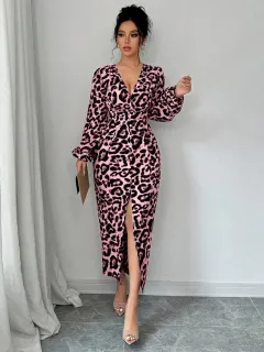 Women's Casual Loose Simple Leopard-Print Dress - Pink - View 1