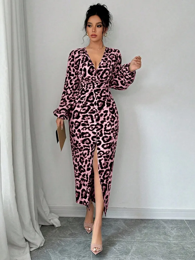 Women's Casual Loose Simple Leopard-Print Dress - Pink