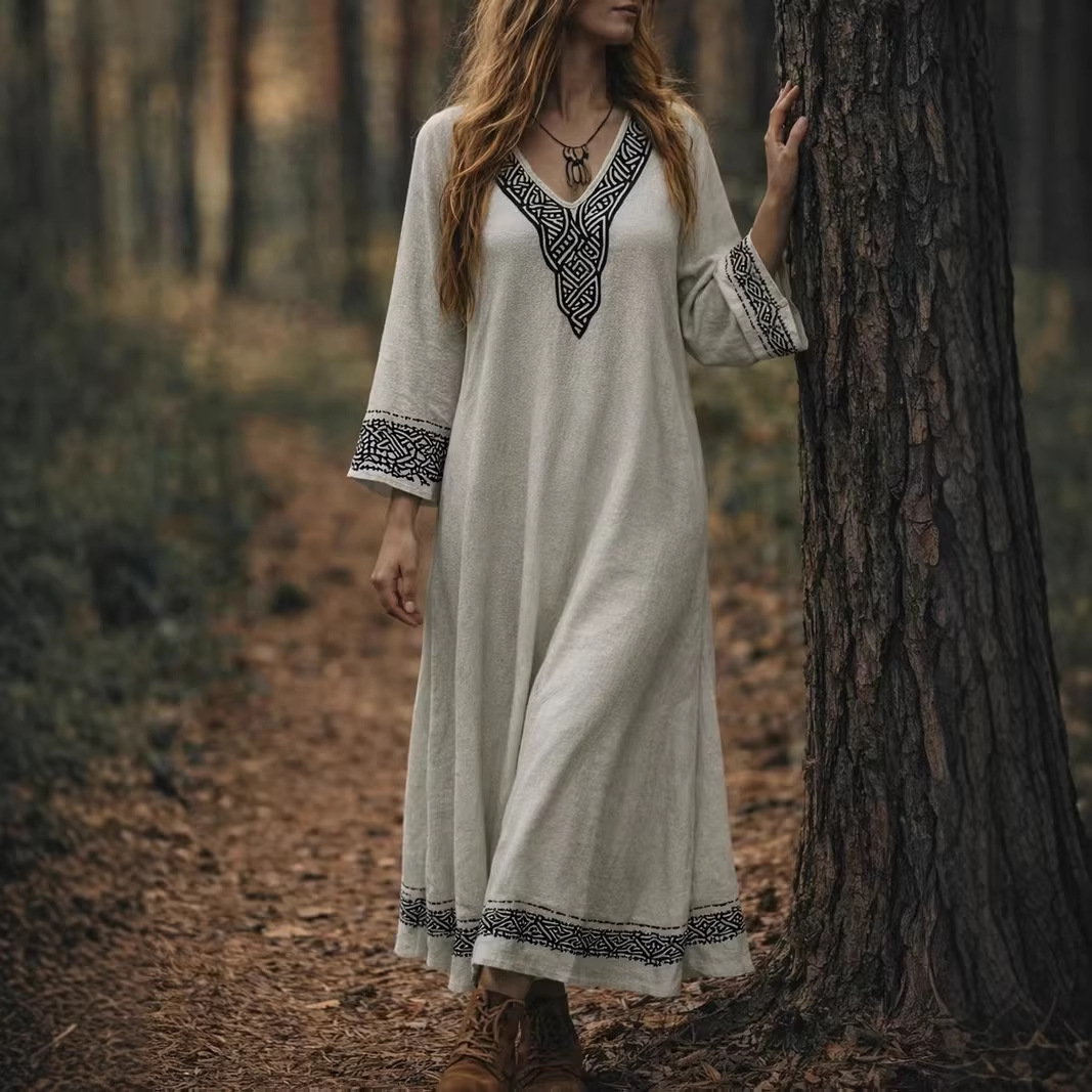 Women's Printed Wear V-neck Long-sleeve Dress