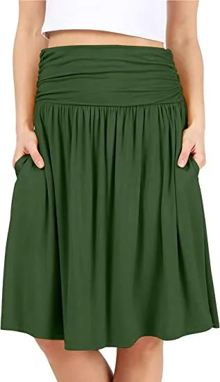 European And American Women's Clothing Pleated Elegant Midi Skirt Army Green - Shop at LoveMi