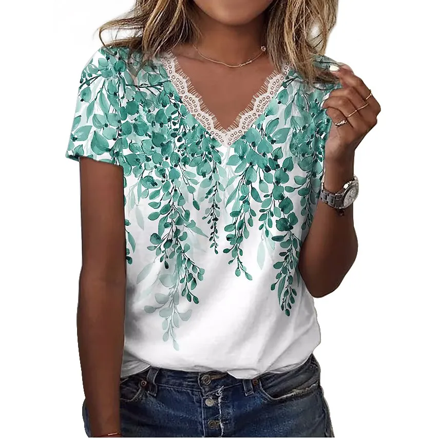 Women's Casual Loose Printed V-neck Ruffled Short Sleeves T-shirt - Printing B Green