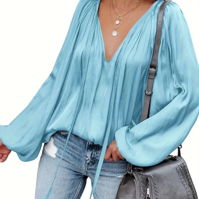 Women's Satin V neck Long Sleeve Shirt Leisure Bloomers Cyan - Shop at LoveMi