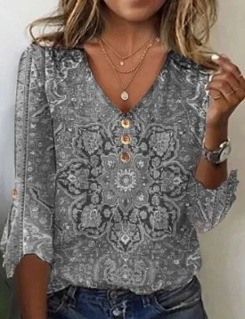Women's Fall V neck Bell Sleeve Printed T shirt Top Gray - Shop at LoveMi