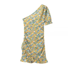 One-shoulder Printed High-waist Slim Short-sleeved Dress - View 1