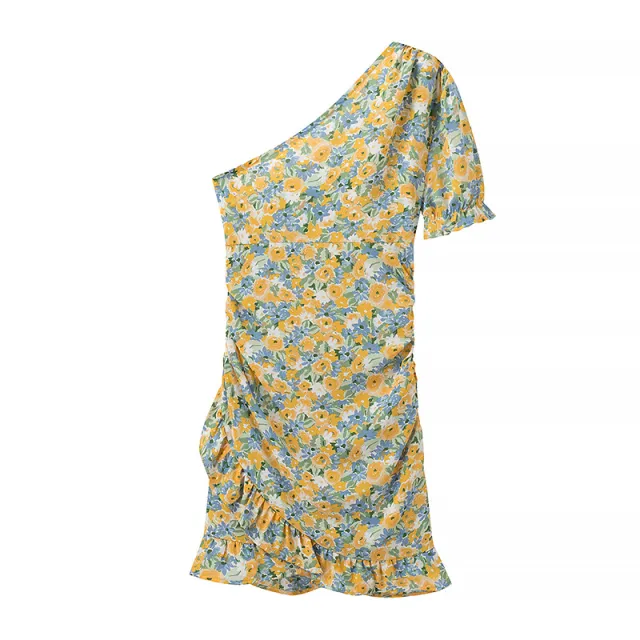 One shoulder Printed High waist Slim Short sleeved Dress - Shop at LoveMi
