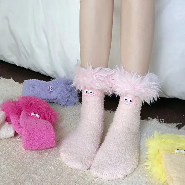Big Mouth Monster Plush Socks Fleece Lined Thick Warm Coral Fleece Pink - Shop at LoveMi
