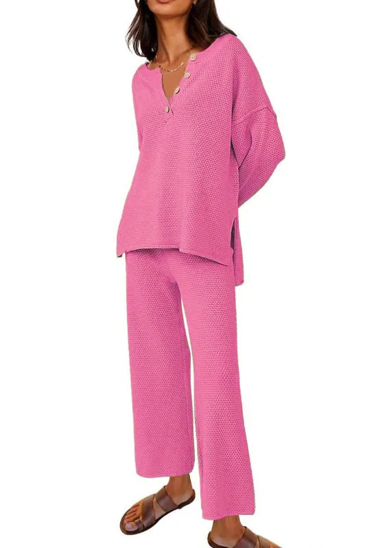 Women's Clothing Solid Color Fashion Loose Leisure Suit Two Pieces Rose Red - Shop at LoveMi