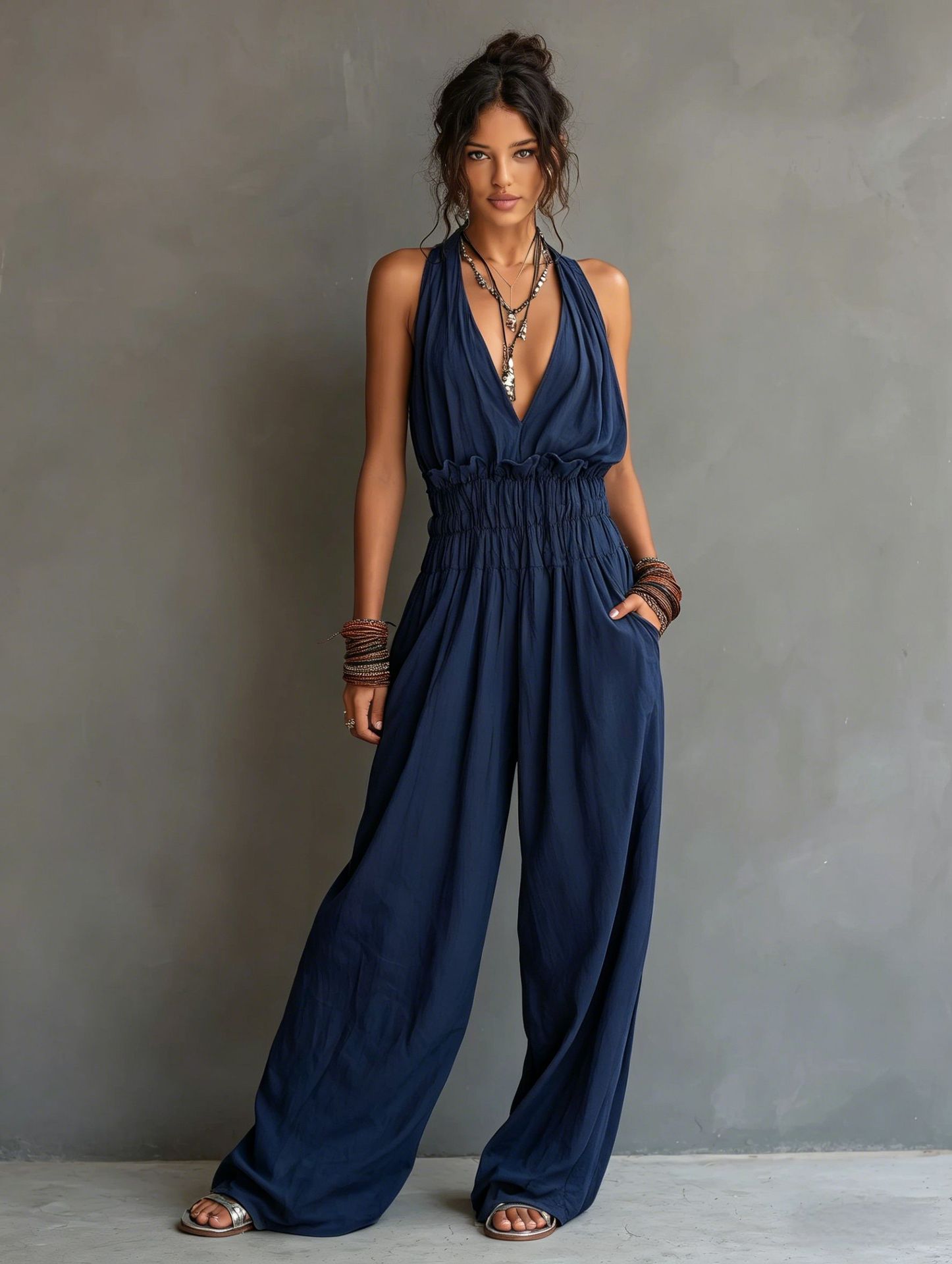 Women's waist-cinching jumpsuit in brown – styled view