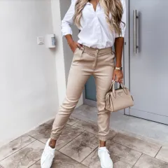 Double Oblique Washed Cotton Fabric Pocket Slim Fit Fashion Casual Cropped Pants - Khaki - View 1