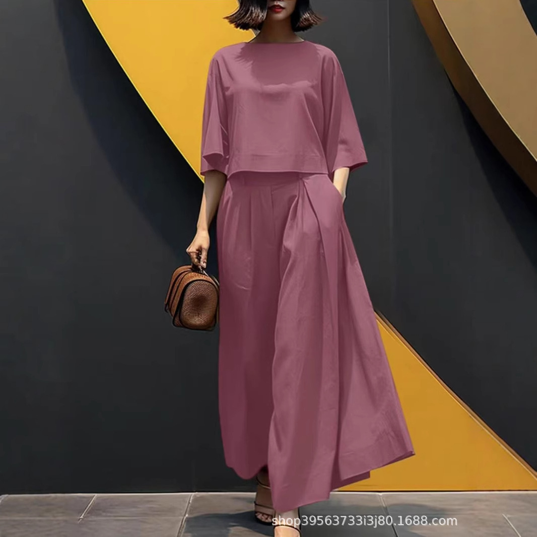 European And American Fashion Suit Solid Color Short Sleeve Loose Trousers Two piece Set Rouge Color - Shop at LoveMi