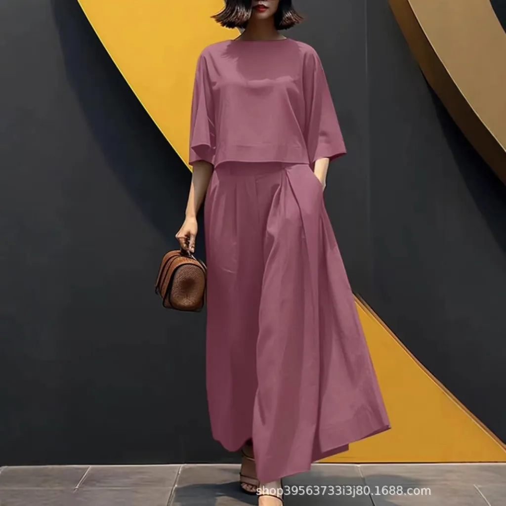 European And American Fashion Suit Solid Color Short Sleeve Loose Trousers Two-piece Set - Rouge Color