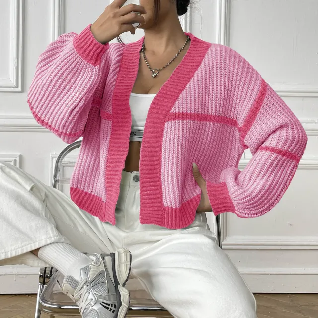 Color Contrast Patchwork Short Casual Loose Woven Sweater Pink - Shop at LoveMi