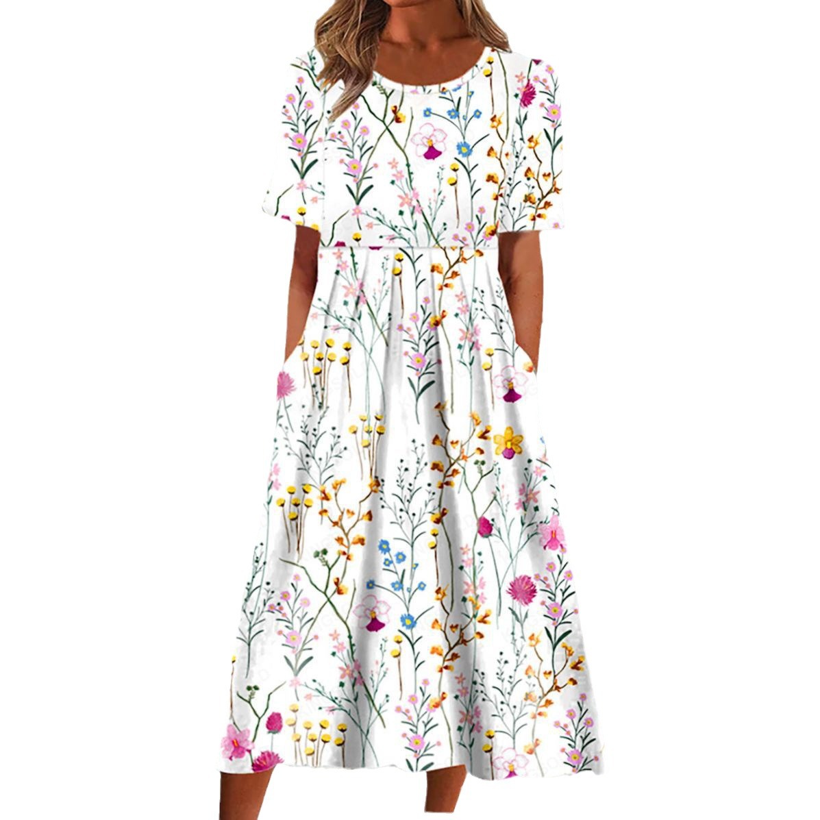 Printed Short Sleeve Pocket Mid-length Dress