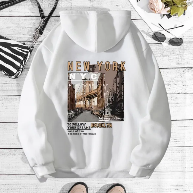 Autumn And Winter Printing Hooded Fleece lined Women's Sweater White - Shop at LoveMi