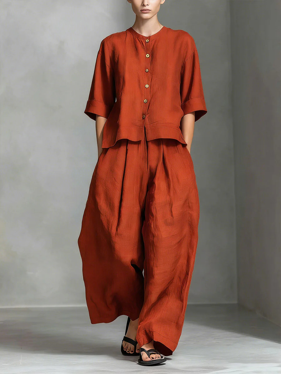 Orange red three-quarter sleeve shirt and loose trousers two-piece set – solid color casual women's style