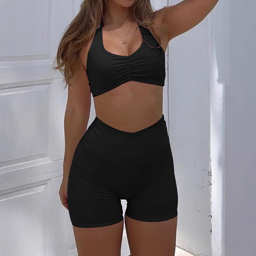 Yoga Sports Style Halterneck T shirt High Elastic Shorts Suit Women Black - Shop at LoveMi